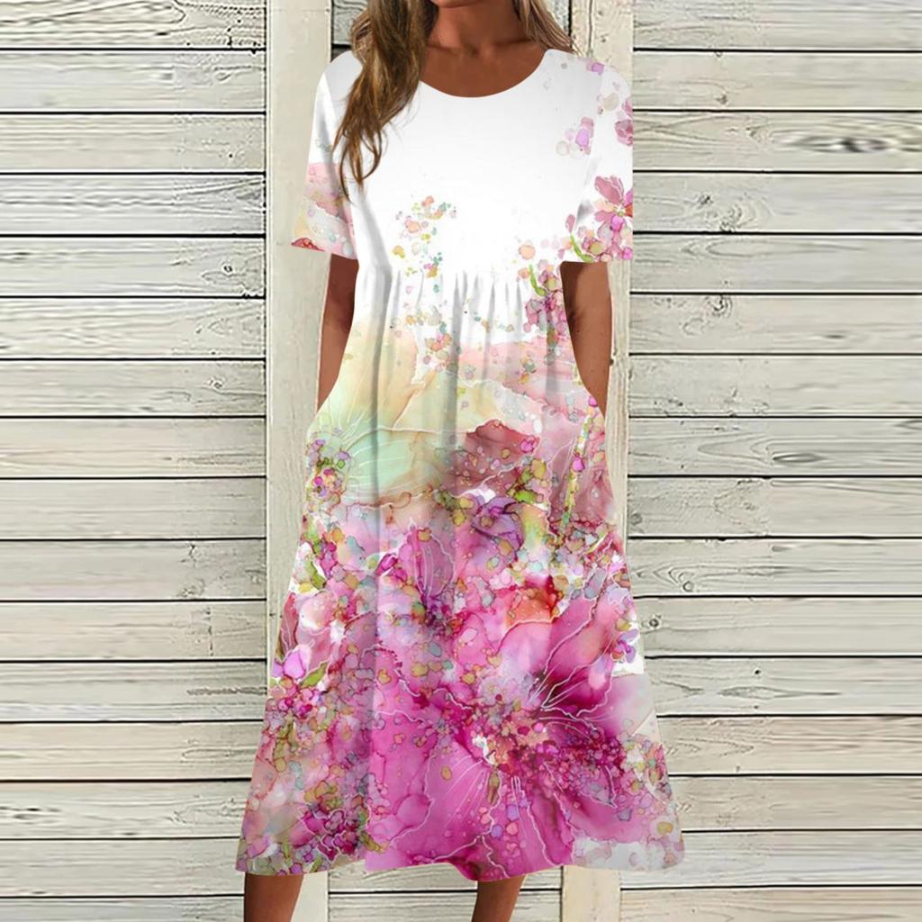 Damen-Freizeitkleider, bedruckte Kleider, Sommerkleider, bedruckt, plissiert, Rundhals-Midi-Kleider, Basic, klassisch, Outdoor, täglich, kurzärmelig, lockere Kleider