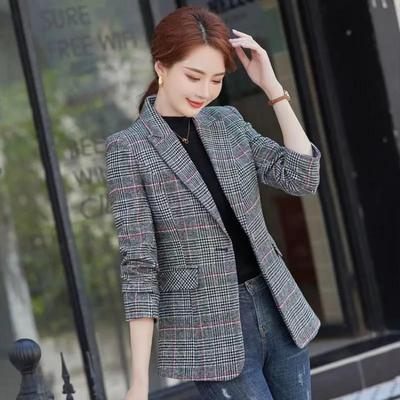 Schmaler karierter Blazer Damen Lässige Frühjahrs-Herbst-Jacke
