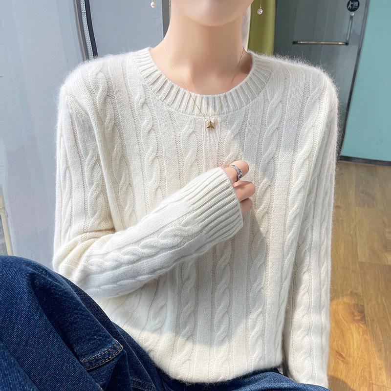 Autumn Winter Women's Thick Cashmere Round Neck Pullover - Retro Cable Knit Soft Sweater