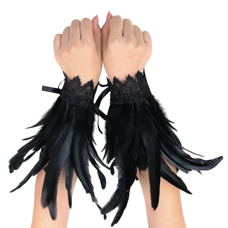Feather Cuffs Mesh Sleeve Long Lace Feather Embroidery Cuffs Gothic Fashion Cuffs Halloween Party Stage Accessory For Man Women