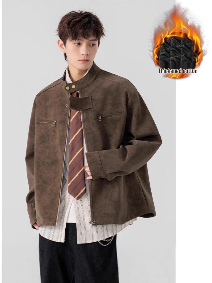 Men's Retro American Tie-Dye PU Leather Jacket - Warm, Trendy, Stand-Up Collar for Autumn