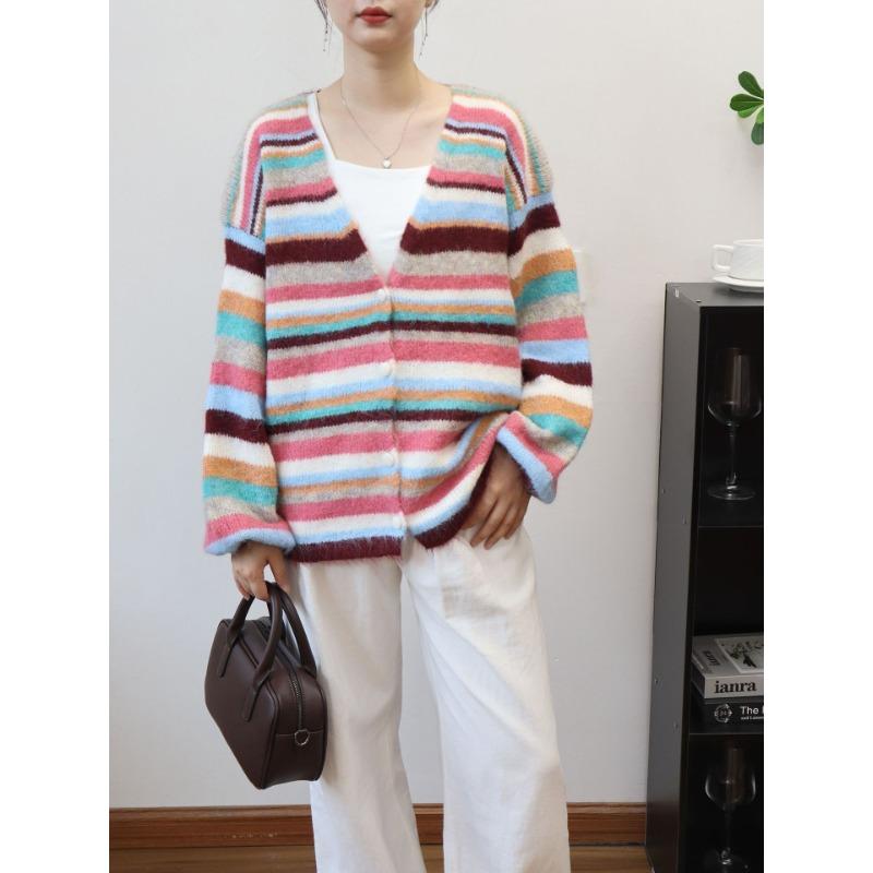 Color striped knitted cardigan autumn and winter new loose and thin lazy style soft waxy sweater jacket women