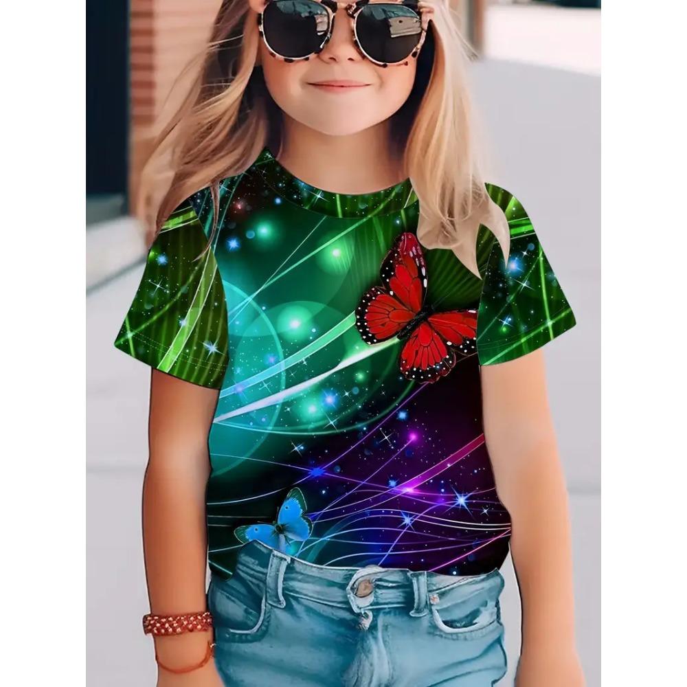 Summer Round Neck 3D Butterfly Pattern Printed Top Fashionable Casual Short Sleeved Children's Girl T-shirts