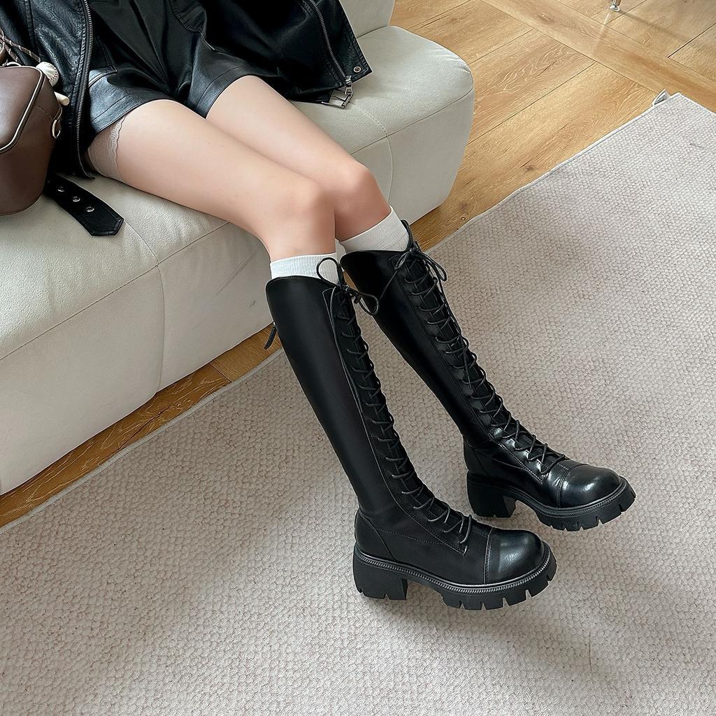 Cowhide~ Leather Boots Women's 2025 New Autumn and Winter Lace-up Skinny Boots Thick-soled Knight Boots Long Boots High Boots