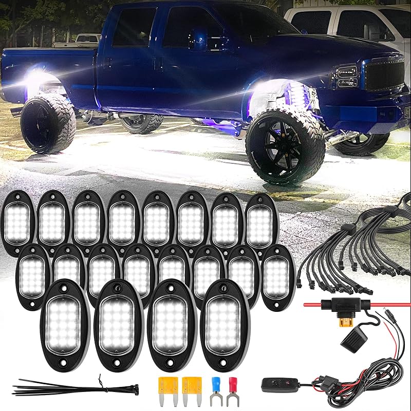 8Pods Pure White LED Rock Lights Kit with Switch Wiring Harness Extension Wire, 6500K 15LEDs Neon Underglow Light Waterproof Fender Lights for Car