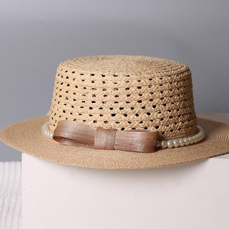 High Quality Raffia Silk Hemp Pearl Straw Hat French Flat Top Sun Hat Hollow Breathable Sun Hat Beach Hat