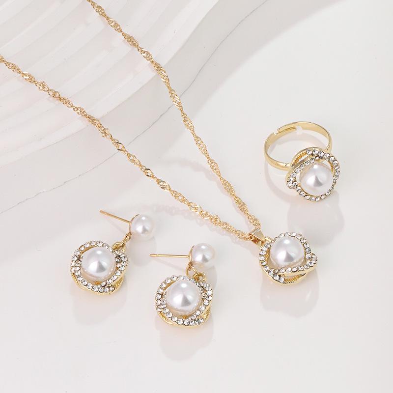 Korean Luxury Pearl & Diamond-Inspired Jewelry Set: Necklace, Earrings, Ring