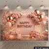 2D Elegant Rose Gold Birthday Backdrop Banner Blush Pink Floral Happy Birthday Party Decor Background