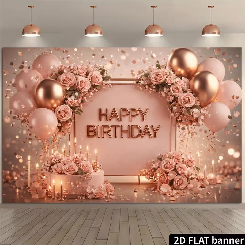 2D Elegant Rose Gold Birthday Backdrop Banner Blush Pink Floral Happy Birthday Party Decor Background