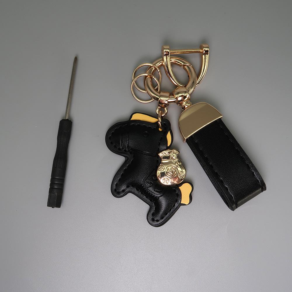 Instant Wealth Leather Keychain with Cartoon Pony Pendant for Couples – Trendy Bag and Car Accessory