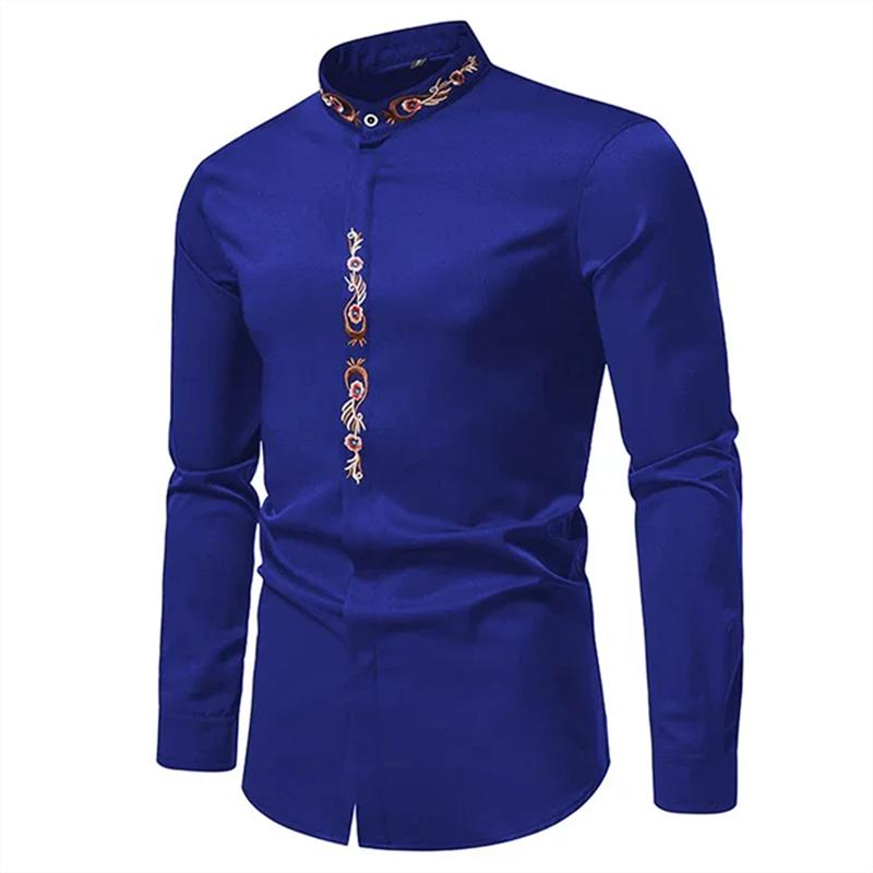 Herrenmode Stehkragen Bestickte Hemden Einfarbig Langarm Knöpfe Slim Business Casual Arbeitshemd