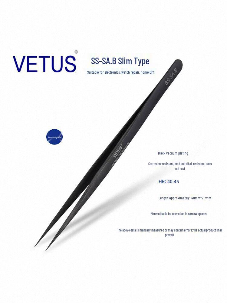 VETUS SA Black Series 302 Stainless Steel Precision Tweezers for Mobile, Watch Repair, Hair Removal, and Bird's Nest Picking
