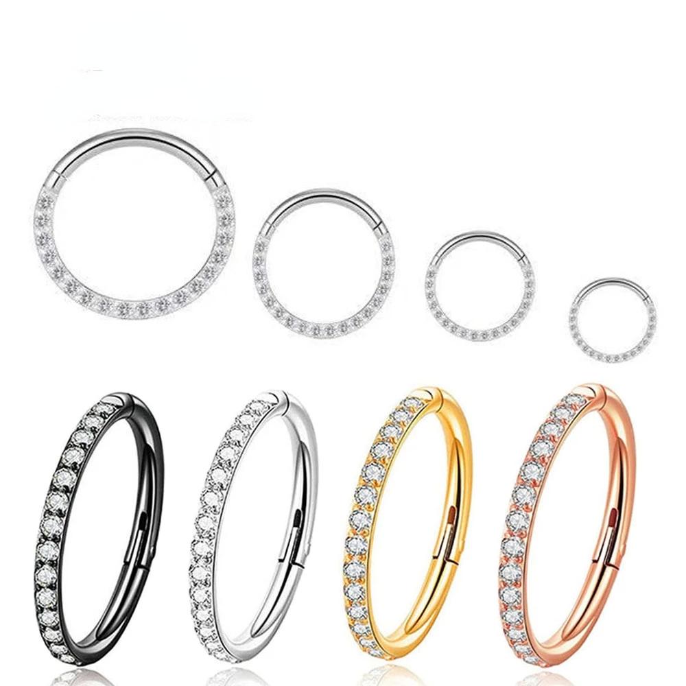 Steel Hinged Segment Hoop CZ Stone Nose Ring Nipple Clicker Ear Cartilage Tragus Helix Lip Earring Piercing Body Jewelry