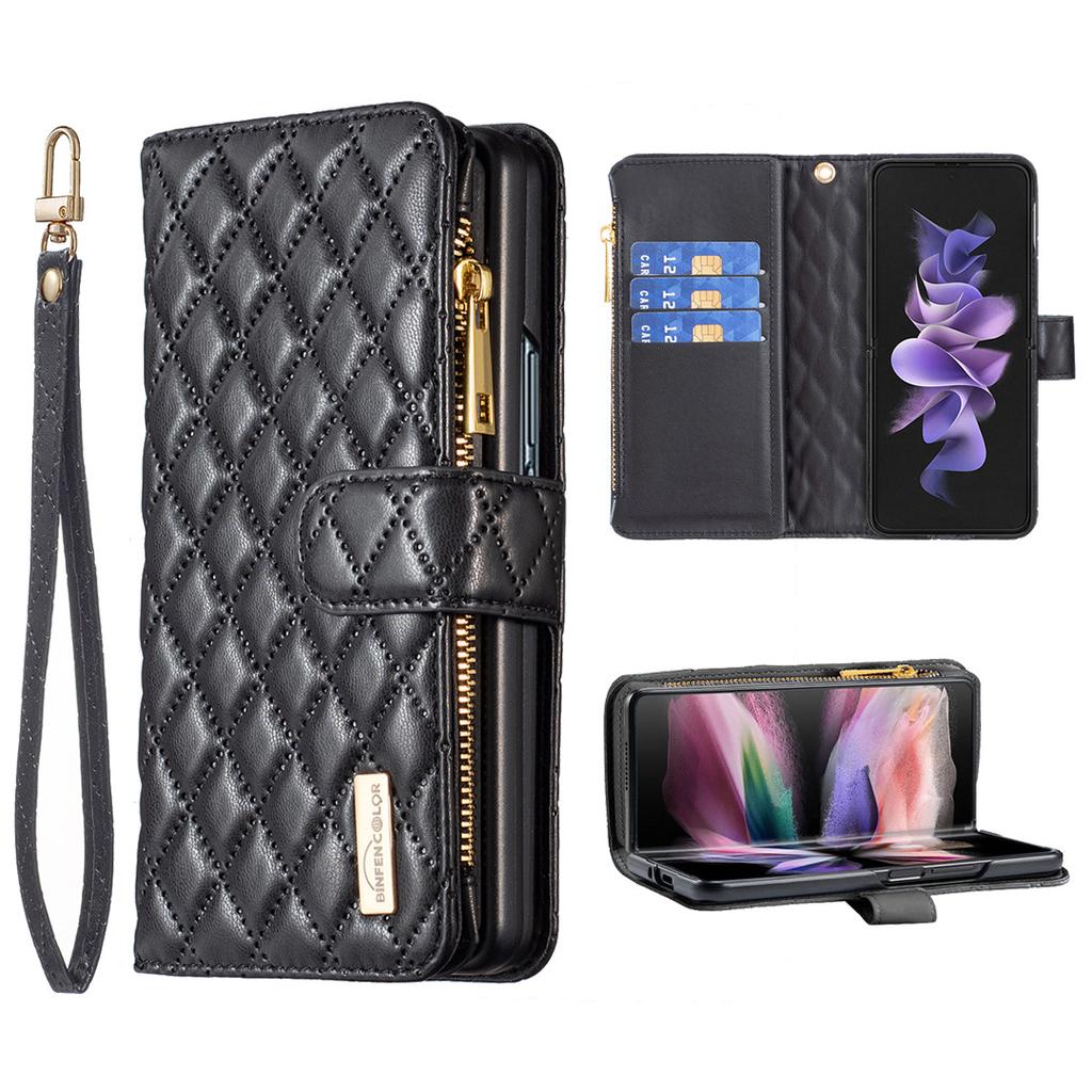 Applicable to Samsung Z Fold7 mobile phone leather case Z Fold4 rhombus small fragrant style zipper wallet insert card protective case