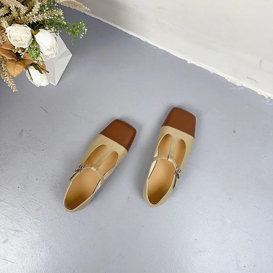 Johnature Square Toe Buckle Shallow Fashion Pumps Versatile Genuine Leather Women Low Heels Shoes