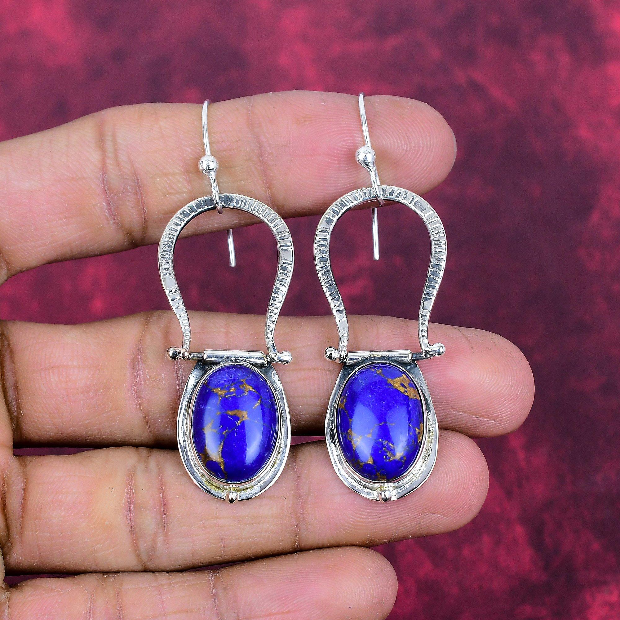 

Blue Copper Turquoise Handmade Gemstone Earrings, 925 Solid Sterling Silver Earrings Antique Jewelry, Earrings For Engagement Gift 2.63 Inches