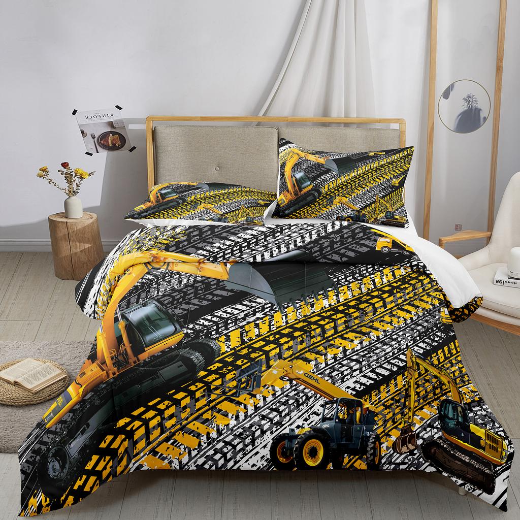 Excavator King Queen Duvet Cover Cartoon Construction Truck Bedding Set for Kids Boys Adults Tractor Polyester Quilt Cover