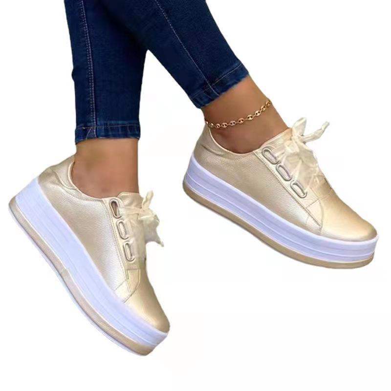 Women's Thick-Soled Lace-Up Sneakers - European & American Style, Round Toe, Solid Color, Plus Size Available