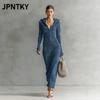 JPNTKY Fashion Spring Autumn Solid Color Print Long Sleeve Casual Dresses