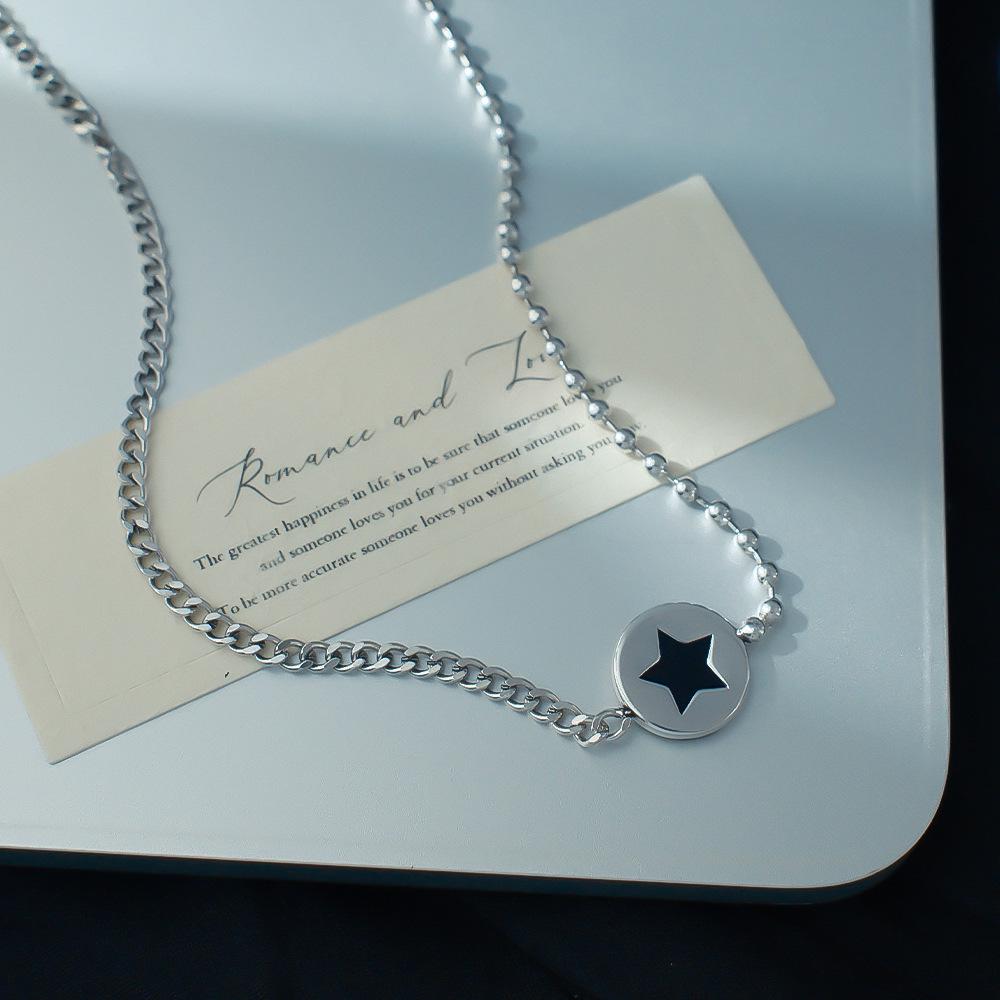 Personalized Black Star Enamel Necklace - Korean Style Retro Hip Hop Beaded Chain Jewelry for Women