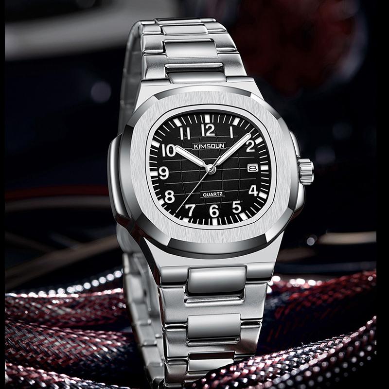Men's Luxury Nautilus Style Watch Stainless Steel Case Analog Quartz Watch with Luminous Hands Push Button Clasp Casual Watch