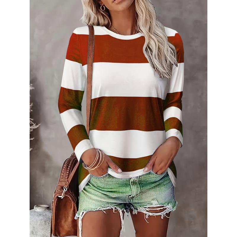 Women's 3D Stripe Printed T-shirt Fashion Long Sleeve Round Neck Regular Tops Holiday Weekend Spring and Autumn