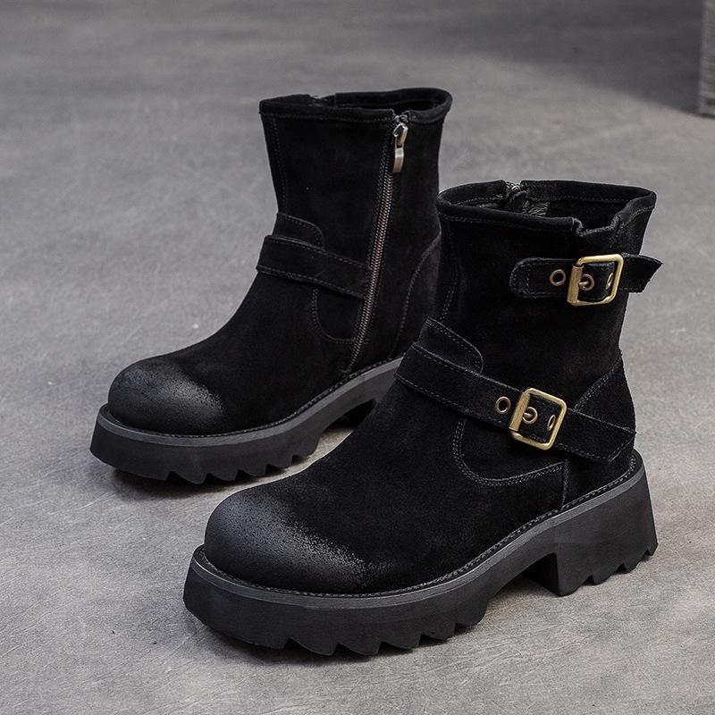 Fashion GKTINOO Genuine Leather Thick Heeled Thick Soled Short Boots Women 2025 Winter New Round Toe Retro Platform Shoes Ankle Boots