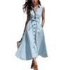 European and American women's clothing blue striped sleeveless shirt dress lace-up waist buckle pocket long dress women