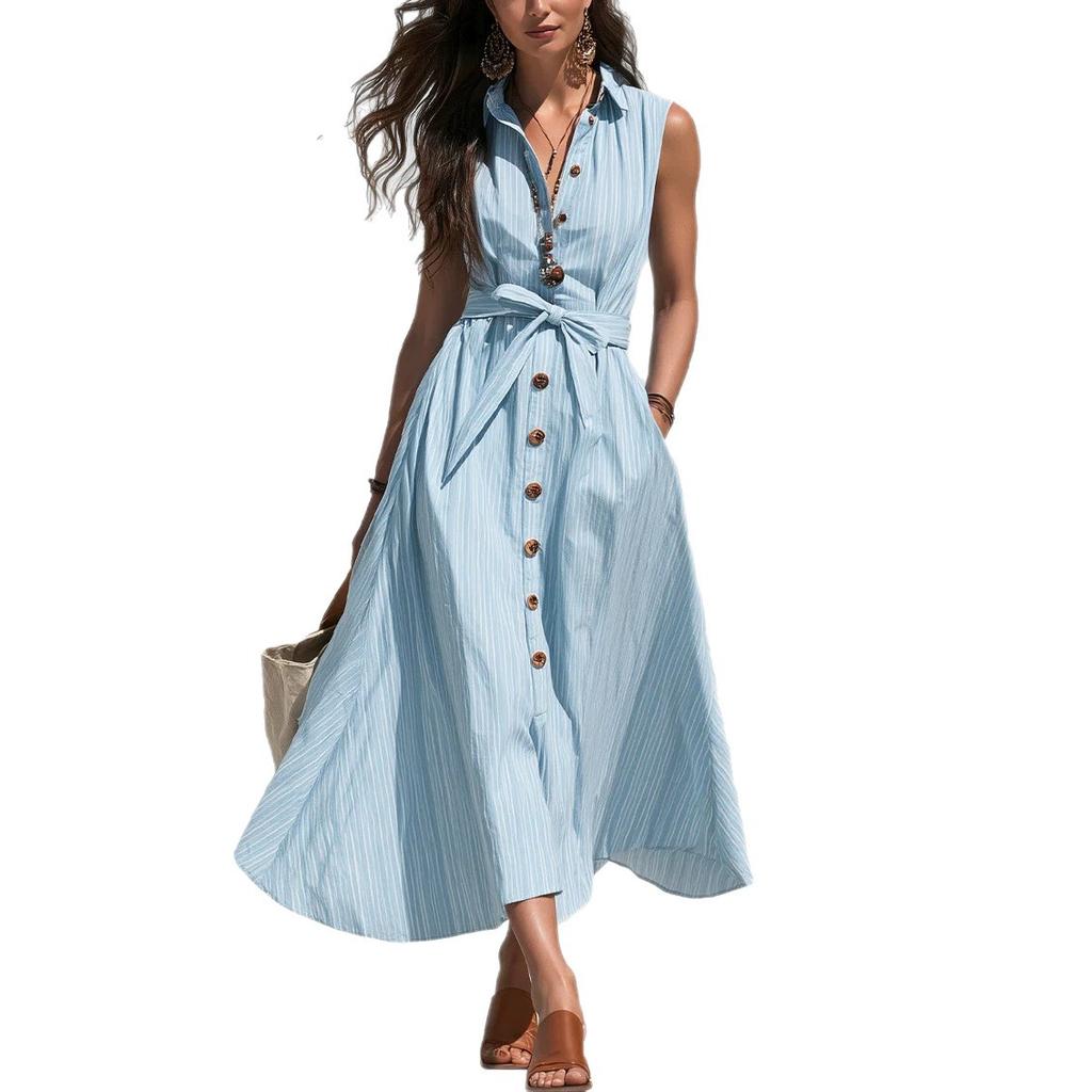 European and American women's clothing blue striped sleeveless shirt dress lace-up waist buckle pocket long dress women