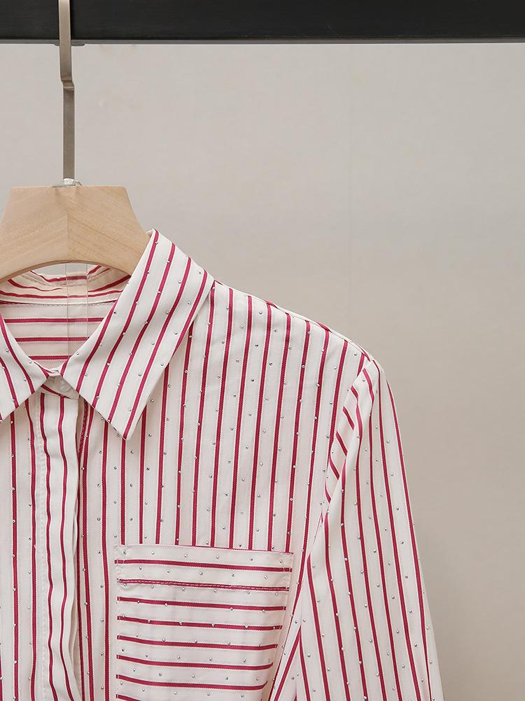 M Familie Herbst Französischer Chic Rosa Gestreiftes Strass-Bindekleid für Damen