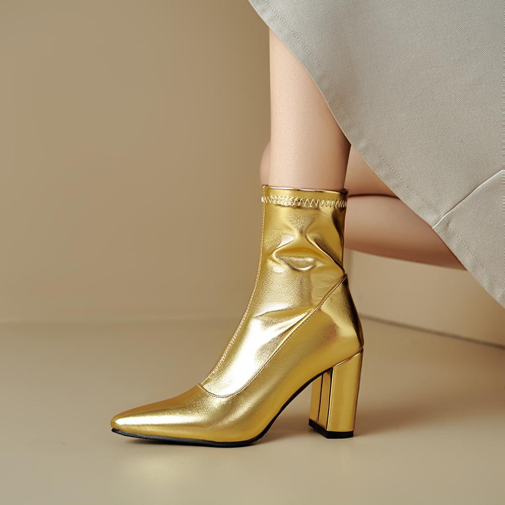 Gold Silver Women Mid Calf Boots High Heel Small Big Size 32 46