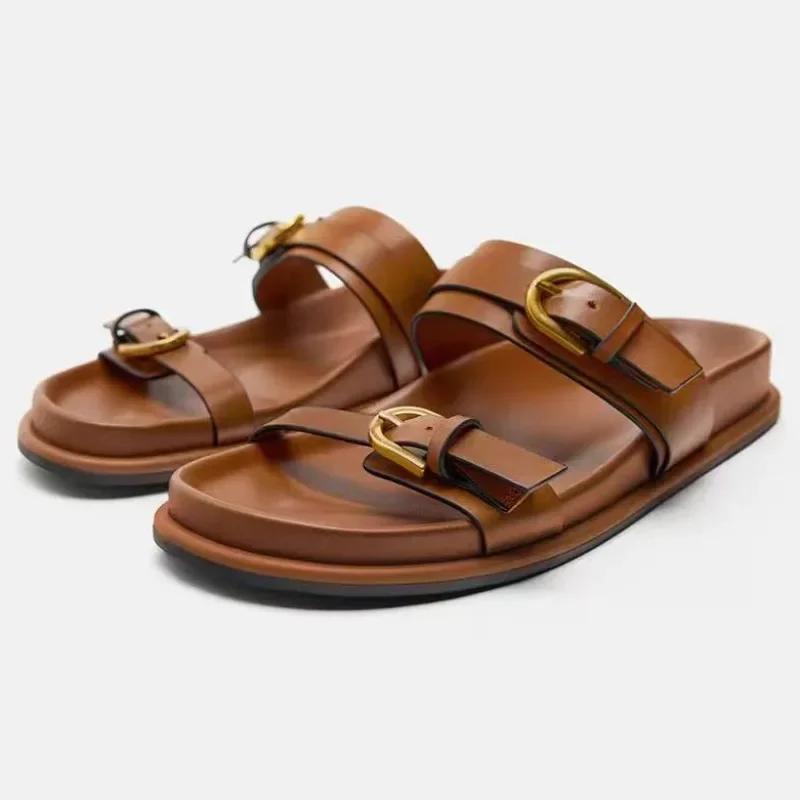 Fashion Thick Bottom Women Beach Shoes Outdoor Casual Flat Slides for Female Fashion Metal Buckle Soft Leather Summer Ladies Slippers