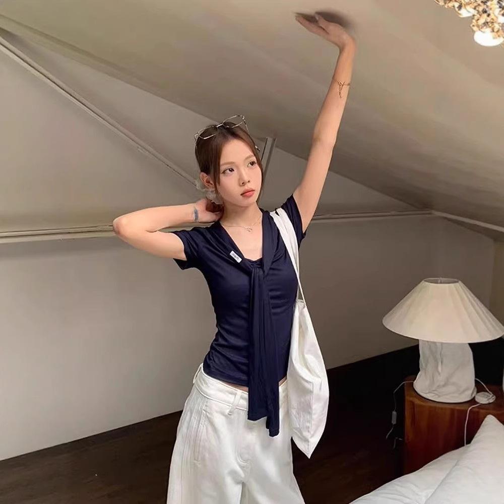Age-reducing shawl straps front shoulder V-neck short-sleeved T-shirt women's summer unique thin navy collar design top
