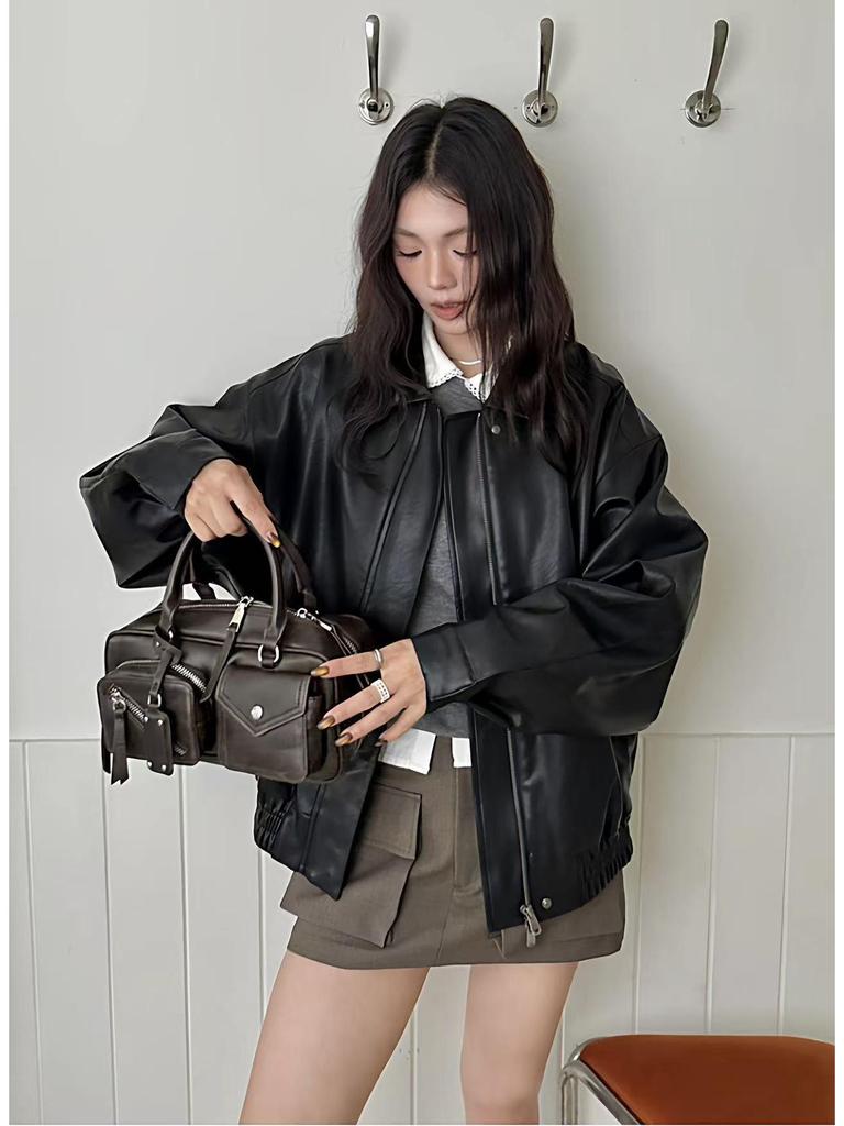 2025 Trendy American Retro Leather Jacket - Loose Fit for Spring & Autumn, Unisex Motorcycle Style, Cool Black