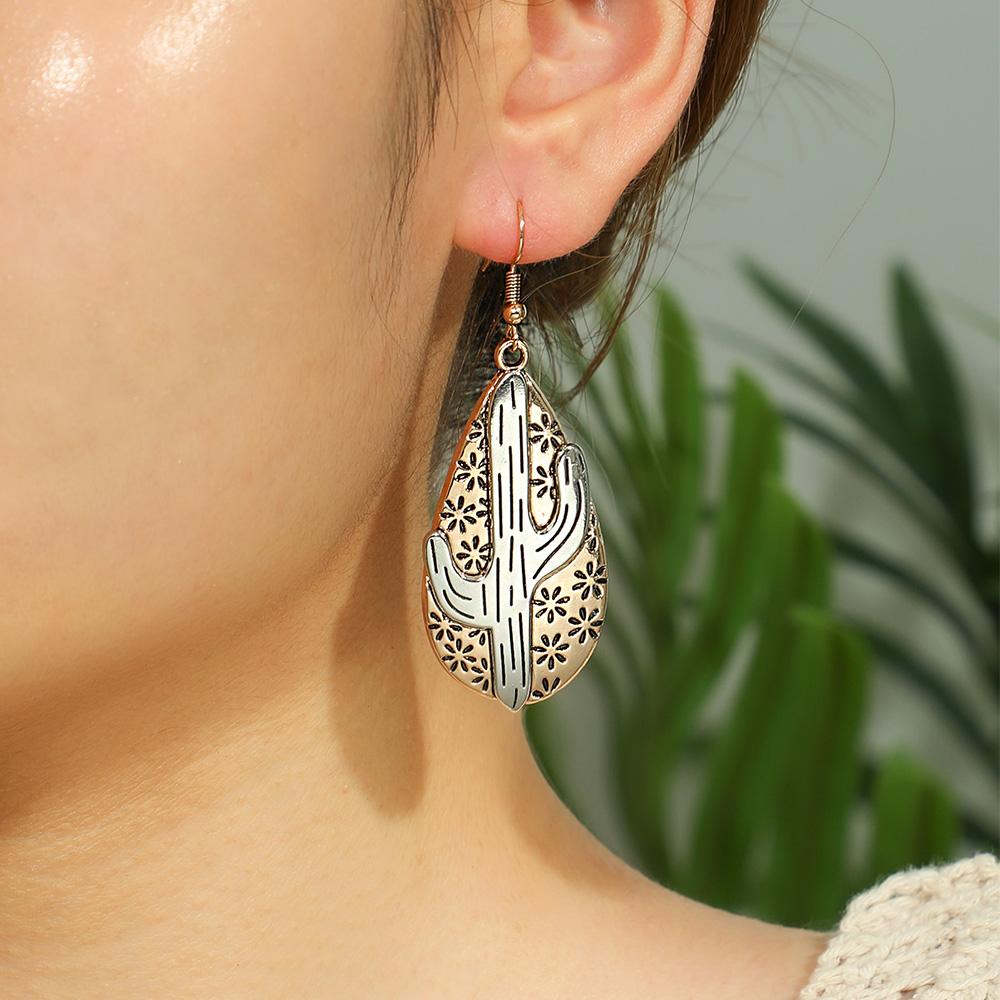 2pairs Cactus Earrings for Women Geometric Waterdrop Shaped Boho Fashion Minority Accessories Daily Wear Party Decors Gifts