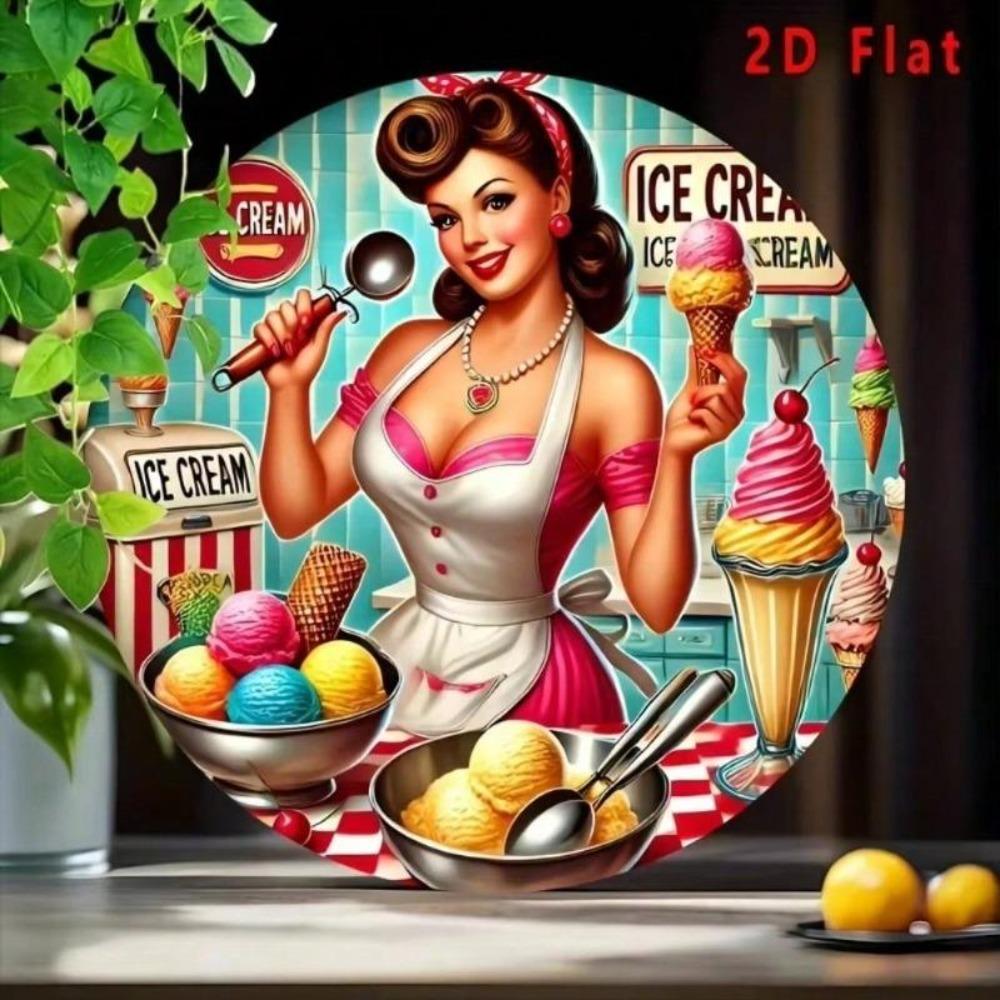 Vintage Metal Tin Sign Round Ice Cream Wall Art 8x8 Inch Retro Kitchen Home Bar Decor