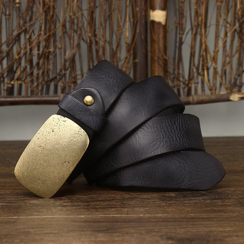 

Утолщенный ремень из натуральной коровьей кожи, мужской ремень из натуральной кожи с гладкой медной пряжкой, корейская версия, пряжка, ретро, универсальный ремень 115cm