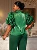 Plus Size Dark Green Satin Ruffle Stand Collar Puff Sleeve See-Through Top