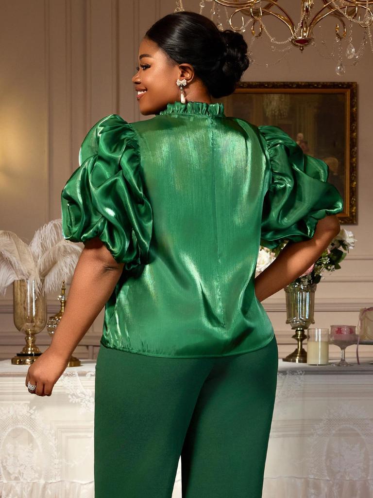 Plus Size Dark Green Satin Ruffle Stand Collar Puff Sleeve See-Through Top