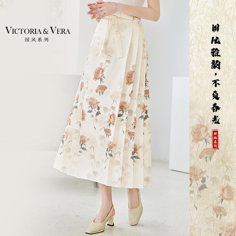 Summer New Style Chinese Feng Shui Ink Rose Print Tie One-Piece Horse Face Skirt Hanfu Pleated Skirt