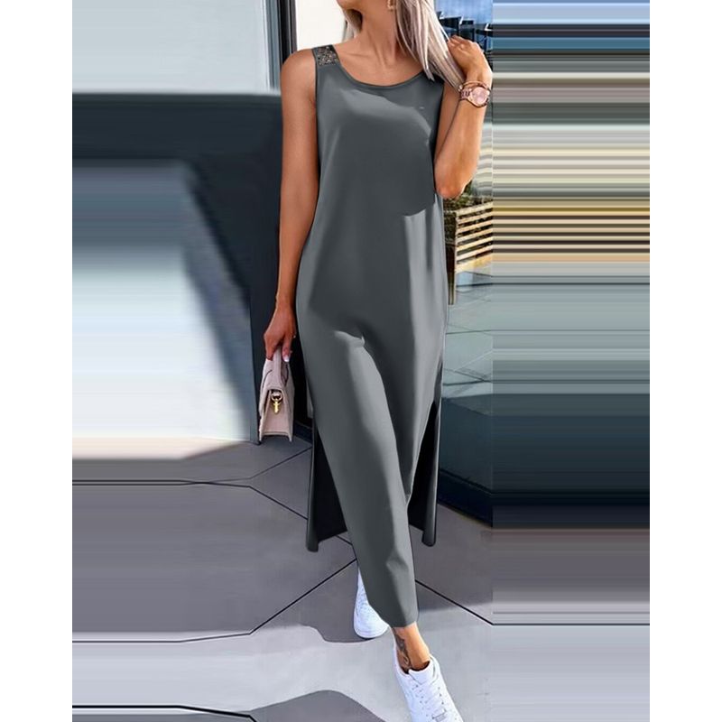 

Модный стиль Лето Новое круглый вырез Однотонный Вырез Разрез Сексуальный Без рукавов Миди Длина Жилет Юбка Многоцветное Платье Dark gray XL