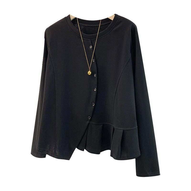 Plus-Size Women's 120kg Ruffled Solid Color Button Long-Sleeve T-Shirt, Loose Fit, Irregular Hem, Suitable for Spring and Autumn