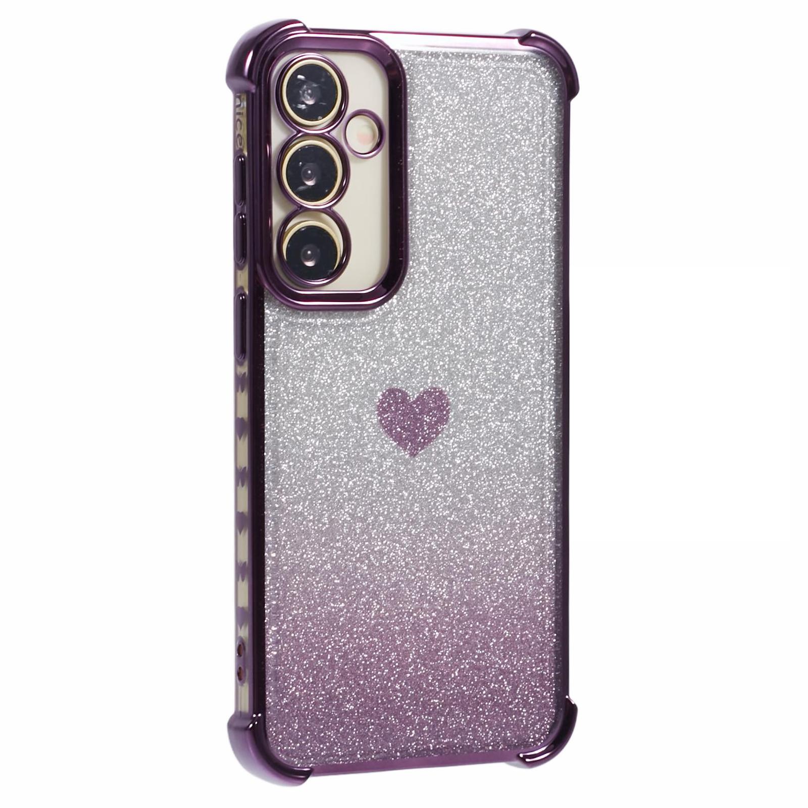 

For Samsung Galaxy S23 FE Case Gradient Glitter Heart Electroplating TPU Phone Cover Dark Purple