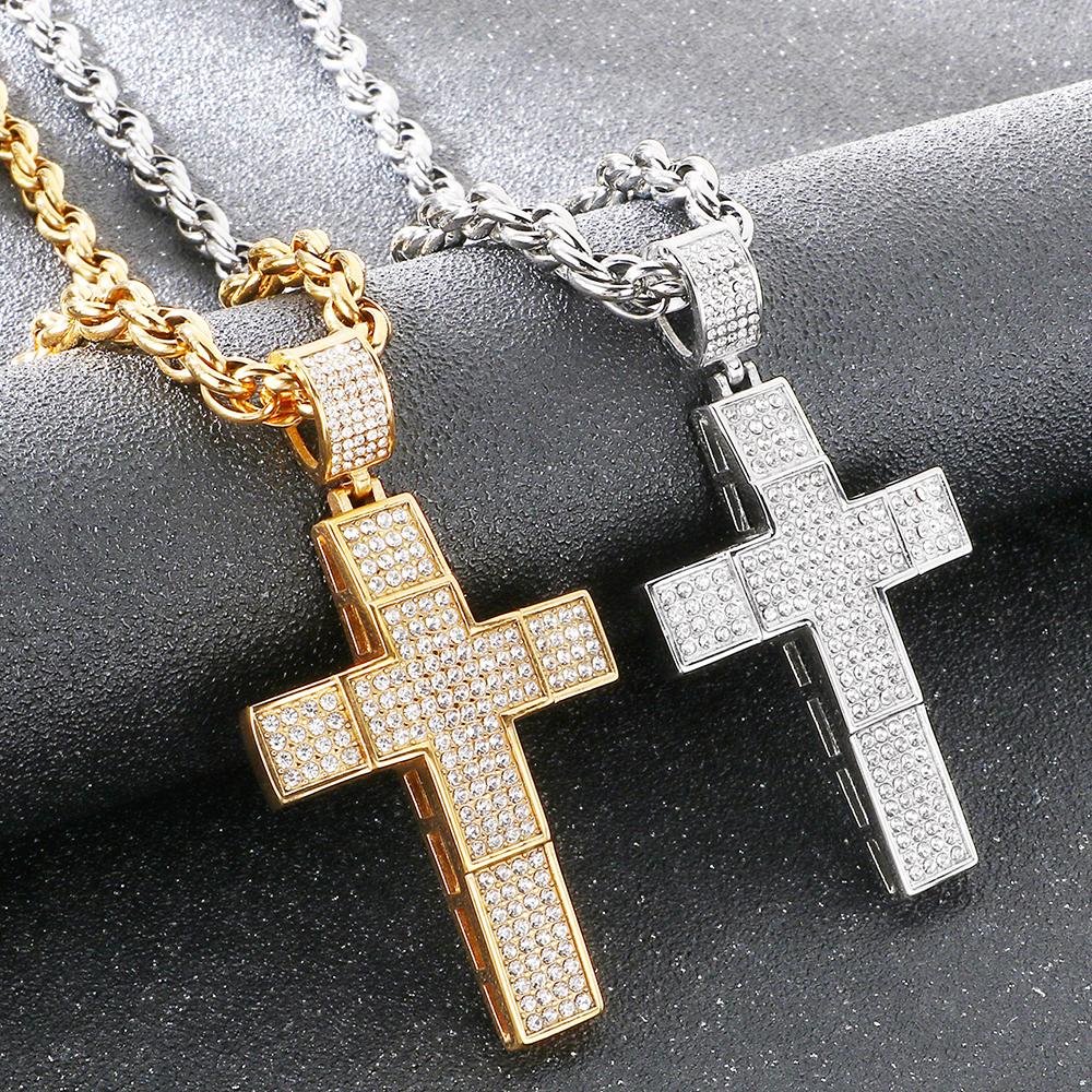 Hip Hop 316L Stainless Steel & Full CZ Cross Pendant Necklace Man Double Layer Hollow Cross Jewelry Gifts Trend Necklaces