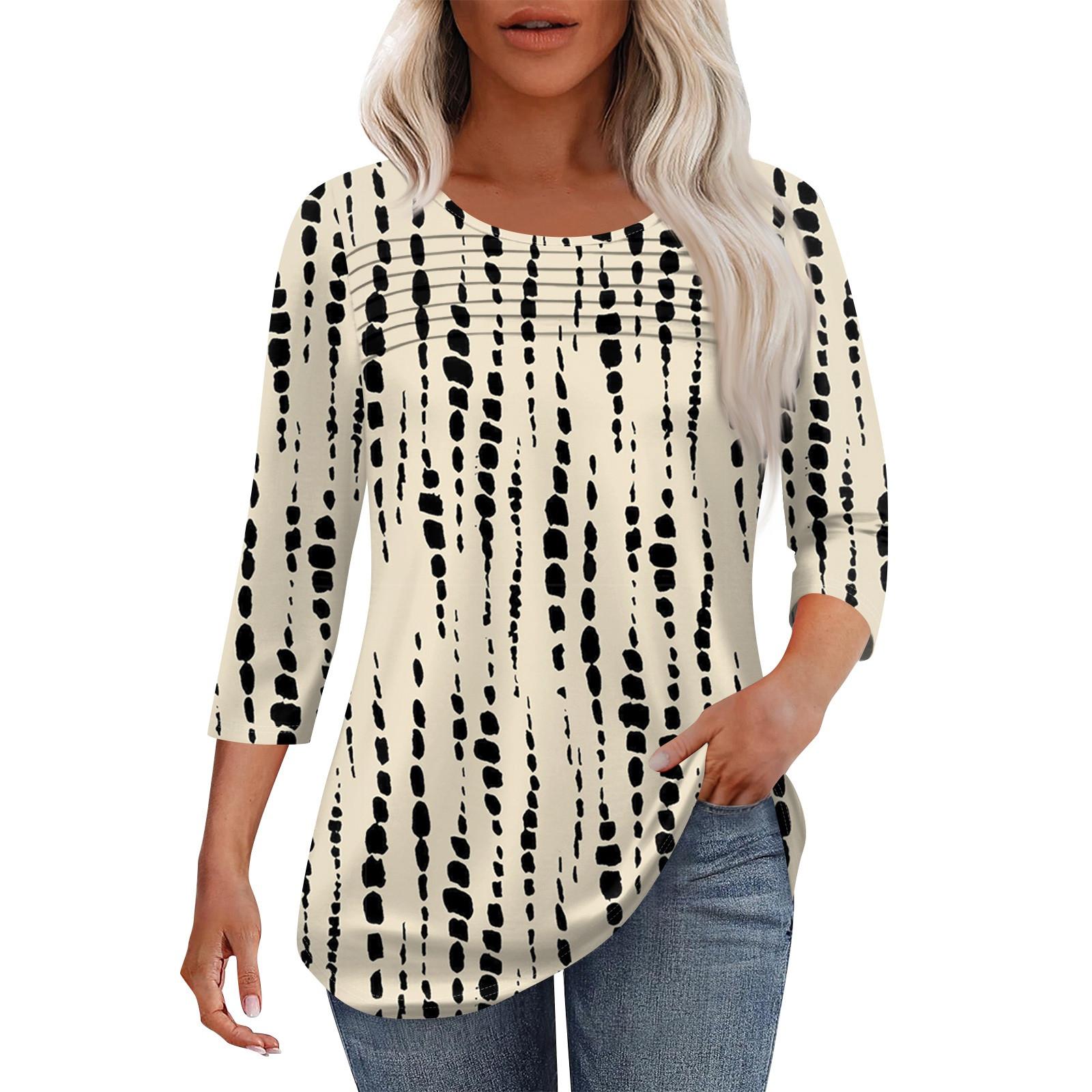 

Женская мода круглый вырез шея плиссированная передняя планка однотонный топ рукав 3/4 L хаки