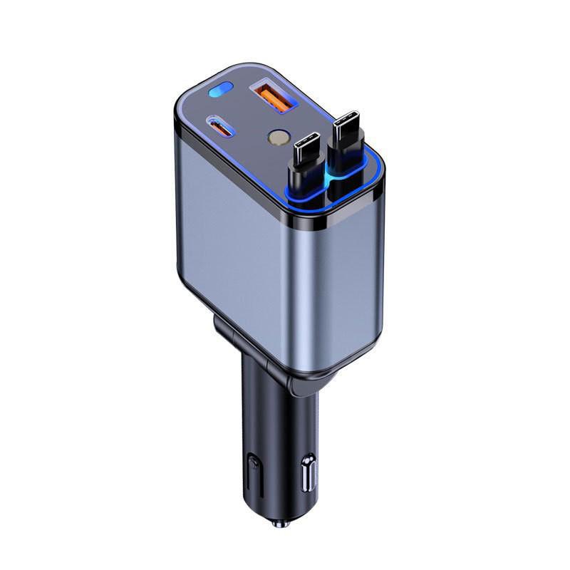 120W Multi-port Fast Car Charger with Retractable Cable and Cigarette Lighter Adapter