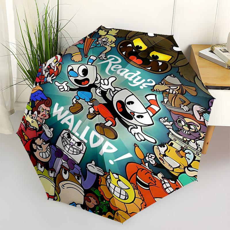 

1pc Cuphead & Mugman Outdoor Umbrella - Automatic Opening/Closing, Portable 3-Fold Design with 8-Bone Iron Frame - Perfect Gift for Fans, Travelers, D