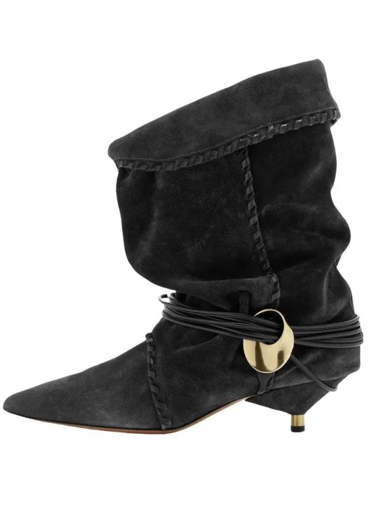 

Новые женские европейские и американские остроносые плиссированные ботильоны до икры с бахромой на тонком каблуке 5 см, рыцарские сапоги, ботинки средней длины больших размеров 37