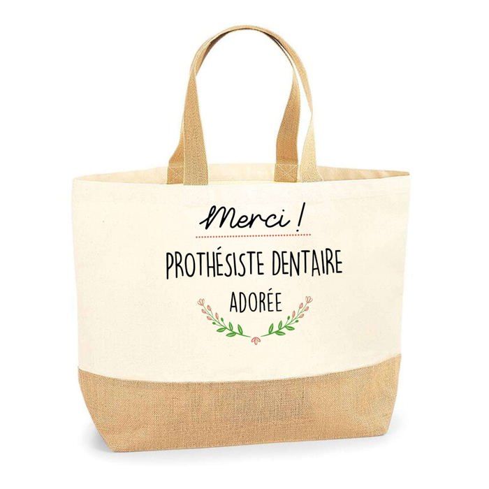 Cabas jute - PLANETEE - Merci Prothésiste dentaire Adorée - jute naturel - imprimé multicolore - fabriqué en France