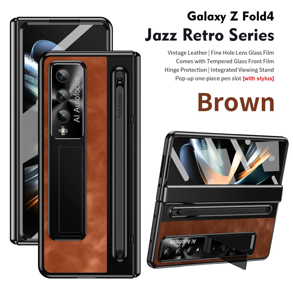 Jazz Retro Series Shockproof Folding Mobile Phone Cases for Samsung Galaxy Z Fold 4 5 6 7 Phone Case with Stylus Tempered Glass